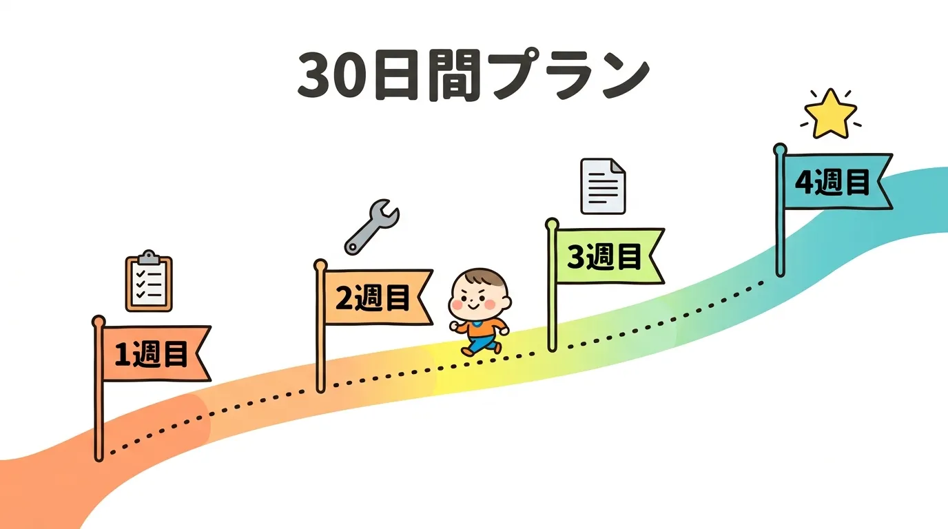 4週間のマイルストーンを示す30日間実行計画タイムライン