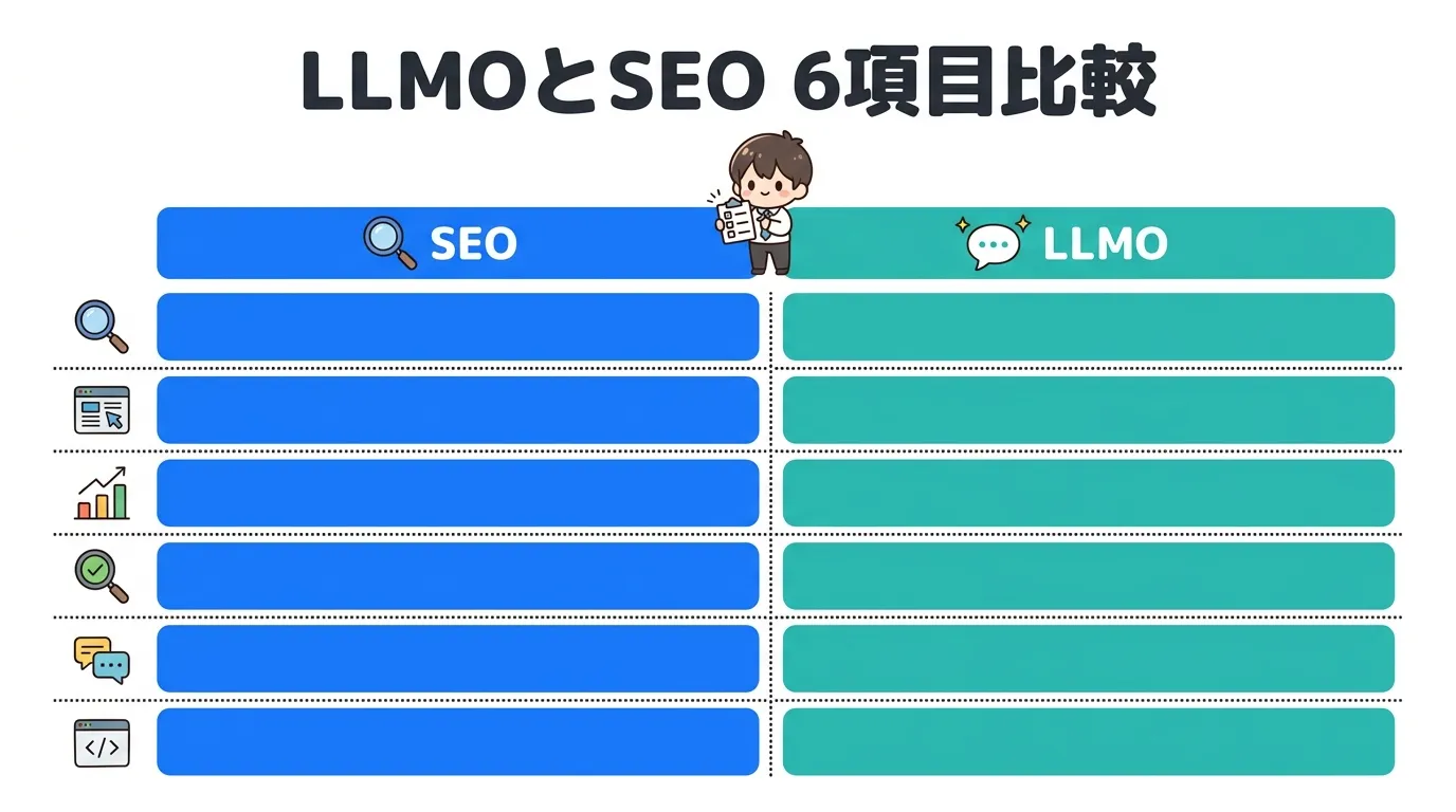 SEOの構造的なフローとLLMOの有機的なネットワークを対比した図