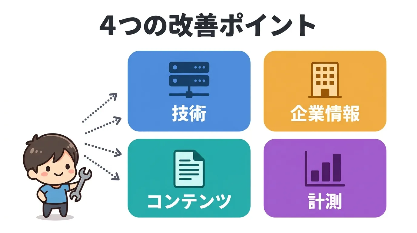技術・企業情報・コンテンツ・計測の4カテゴリ別改善ポイント図